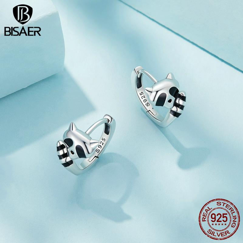 Bisaer Серьги-кольца из стерлингового серебра 925 пробы с живыми ушками енота, черные эмалированные серьги-кольца с животными для женщин, милые ювелирные изделия в подарок