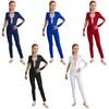 Kids Girls Shiny Gymnastics Unitard Bodysuit Long Sleeve Back Keyhole Mesh Patchwork Ice Skating Jumpsuit
