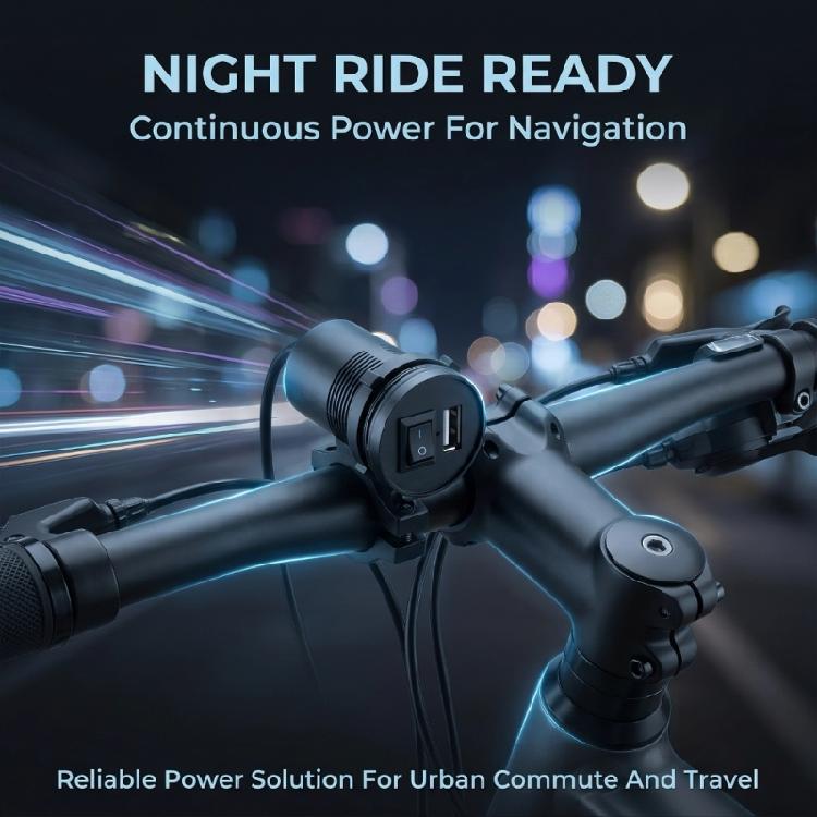 E-Bike and Scooter USB Charger with 9-24V Input and 5V 1.5A USB-A Output, Black PC Housing, On-Body Power Control, Cable, and Metal Mount