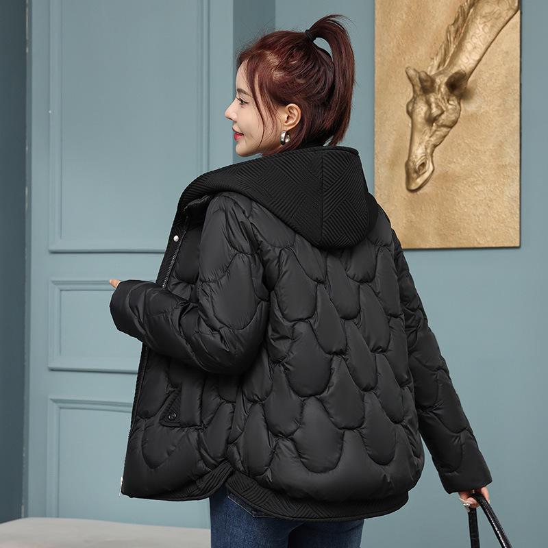 Женская зимняя пуховая хлопковая куртка: Имитация двухслойного стиля, Маленький, Короткий, Свободный крой, В корейском стиле, Дизайн пальто-булочки