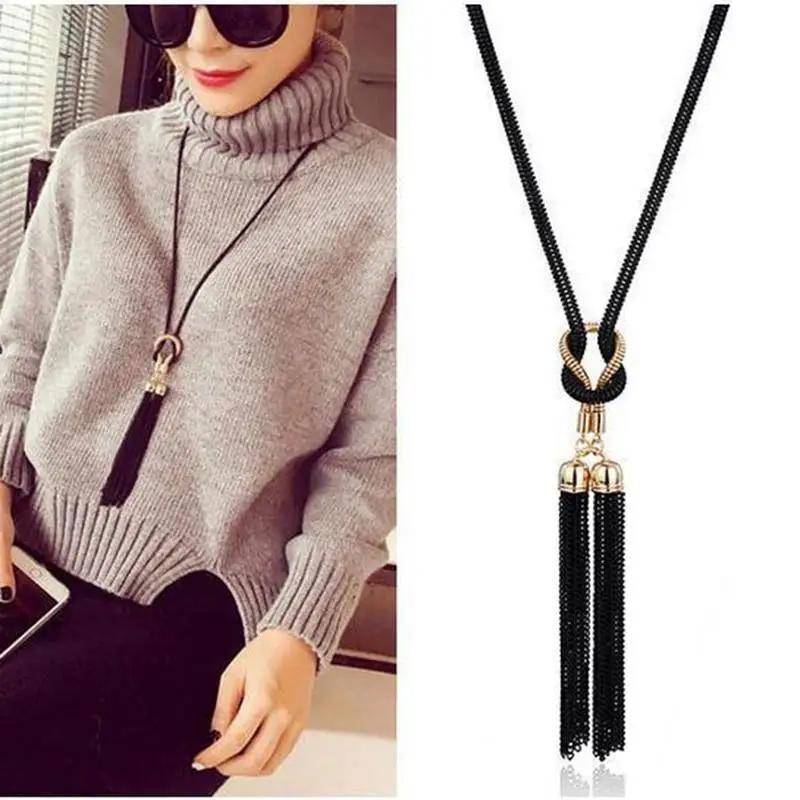 Vintage Long Knotted Tassel Necklace Simple and Versatile Sweater Chain Fashionable Women's Jewelry Accessories Long Necklace