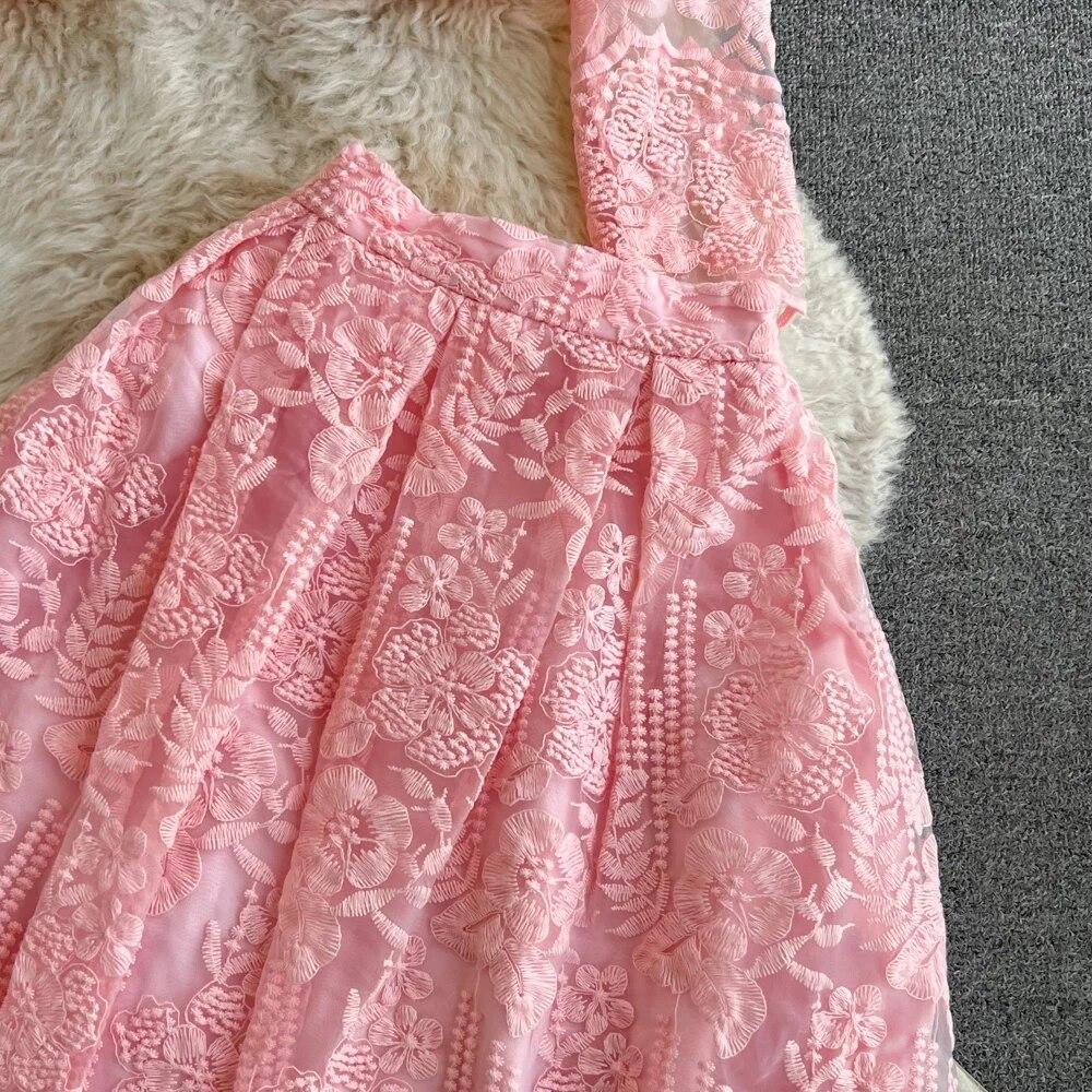 Высококачественные комплекты из двух предметов с цветочной вышивкой, женские костюмы, элегантная рубашка с длинными рукавами, юбки-миди, комплект из 2 предметов, женская одежда