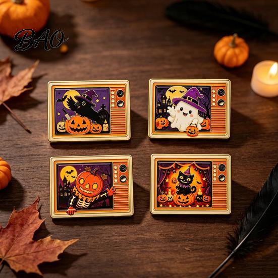 Spooky Pumpkin Badge Retro TV Brooch for Halloween, Ghost Black Cat Crow Cartoon Pin Badge, Holiday Lapel Sweaters Jackets Scarves Decoration