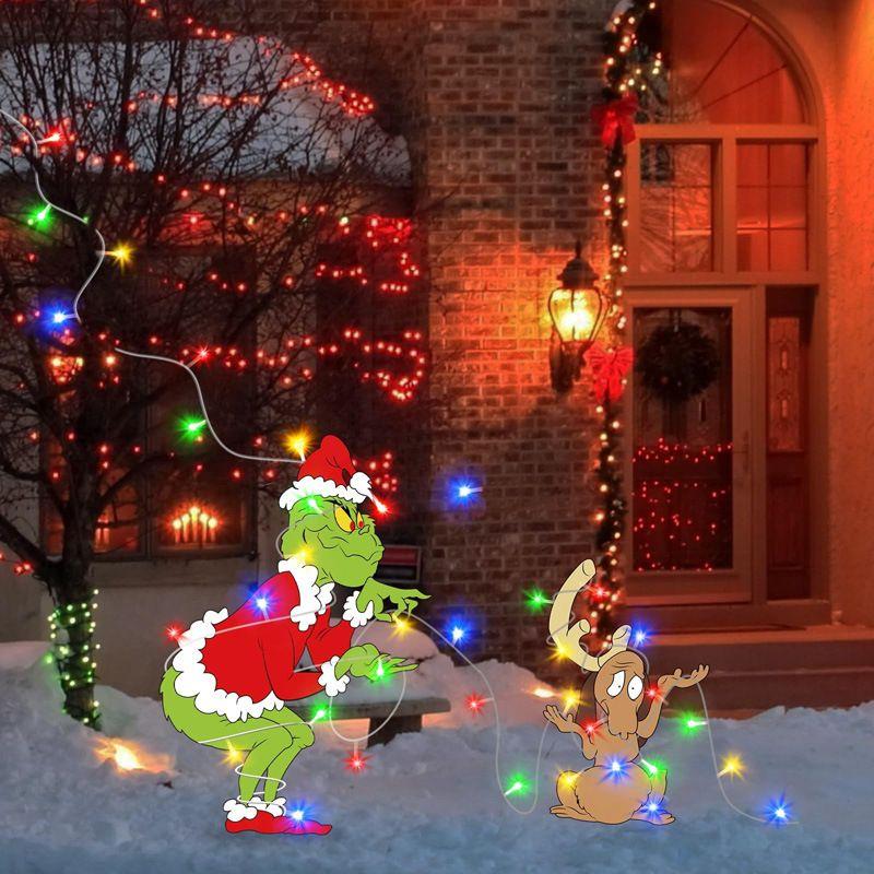 LED Grinches Outdoor Christmas Decorations Fence Yard Decorations 3M LED Lights BATTERY POWER Yard Signs for Christmas Holiday Garden