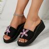 Black Fabric Strap Soft Sole Wedge Heels Slides Women 2025 Summer Pink Glitter Flower Decoration Slippers Sexy Beach Sandals