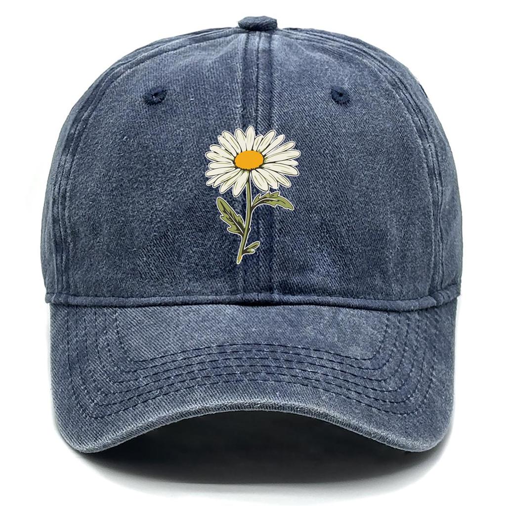 White Daisy Print Adjustable Sun Hat, Flower Sports Hat Cotton Inelastic Sun Protective Cozy Snapback Baseball Cap