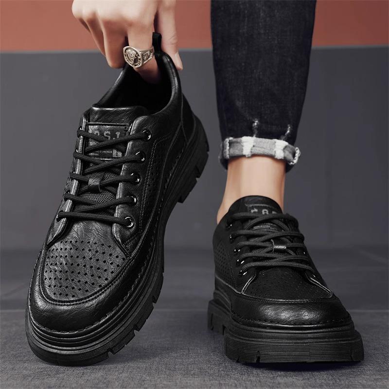 Летние Полые Дышащие Деловые Повседневные Черные Британские Board Shoes Низкие Мартинсы Для Молодежи С Широкой Стопой Кожаная Обувь