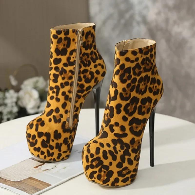 2024 г. Стриптизеры на сверхвысоком каблуке с сексуальным леопардовым принтом, на толстой подошве, Botas Mujer, модные ботильоны на высоком каблуке для подиума