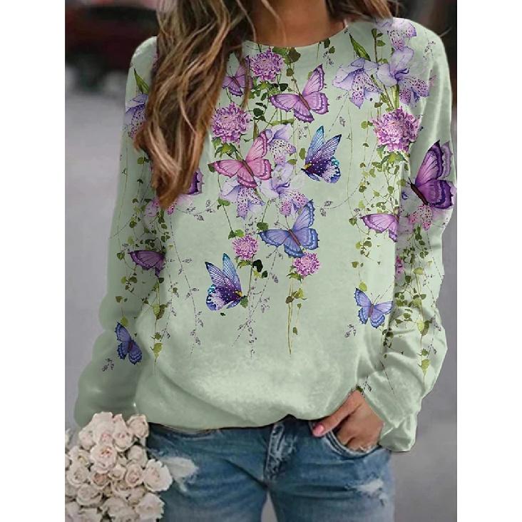 Новая осенне-зимняя женская толстовка с круглым вырезом, короткими и длинными рукавами, с цветочным, бабочковым и животным принтом