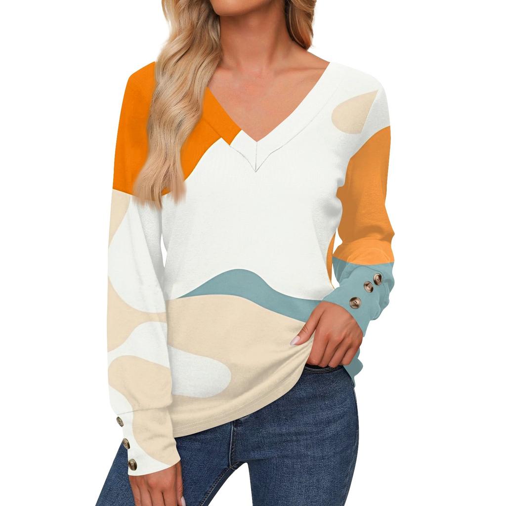 Женская повседневная модная рубашка с длинными рукавами и манжетами на пуговицах, свободная футболка с V-образным вырезом, осенняя одежда