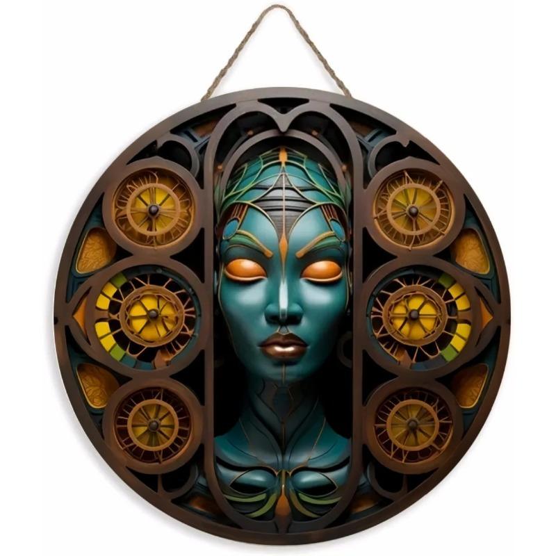 Wood Unique African Mask Circular Wooden Sign with Artistic Design, Suitable for Door, Wall, Home, Room, Farmhouse, Street, Shop, Garage, Bar, Garden