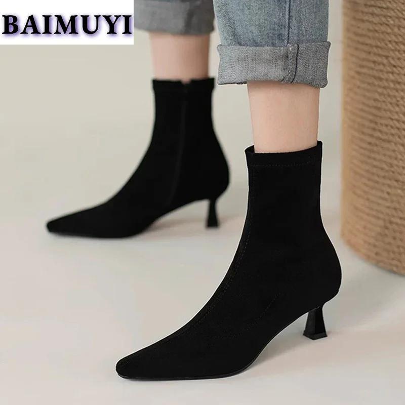 Suede Pointed Toe Ankle Boots Women Sexy Mid Heels Shoes 2024 Trend Autumn Winter Snow Boots Woman Fashion Elegant Mujer Zapatos
