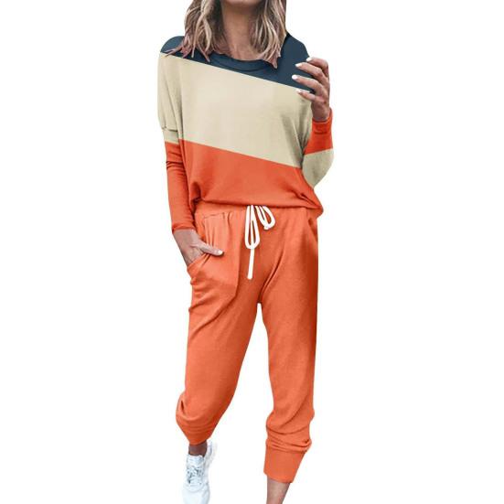 2 шт./комплект женский топ брюки костюм круглый вырез длинный рукав цветной блок спортивный свитшот завязка