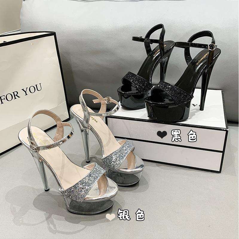 Летние женские туфли на очень высоком каблуке с блестками и кристаллами, сандалии на толстом каблуке, свадебные туфли-луны для подружки невесты