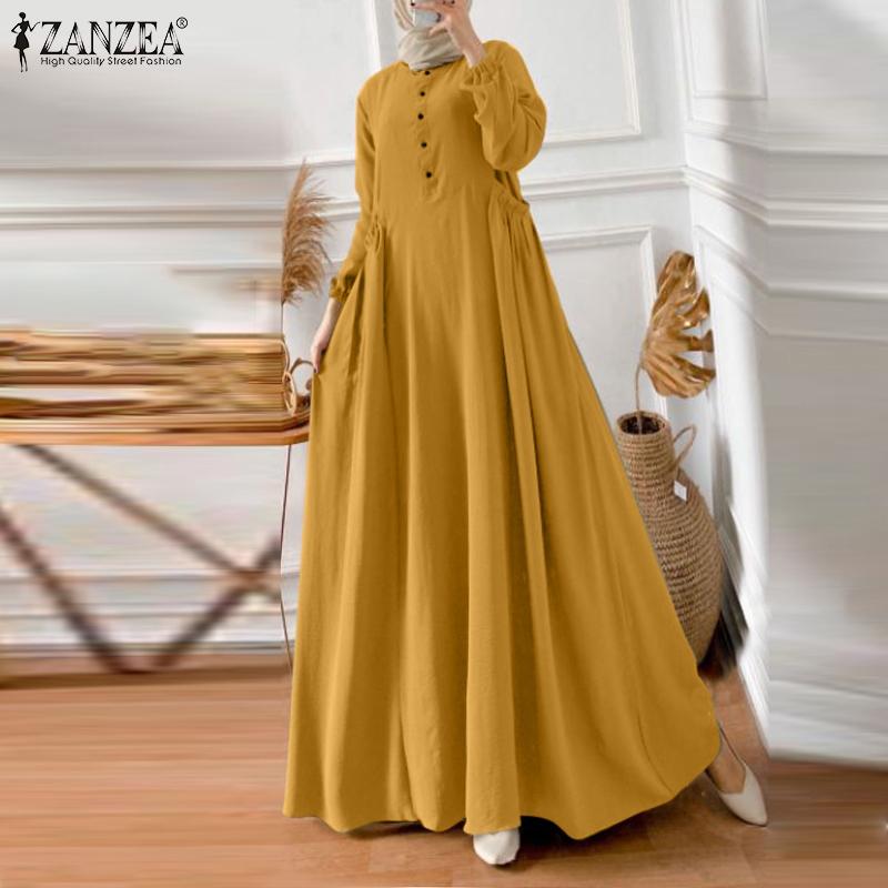 ZANZEA Свободное повседневное свободное женское платье с круглым вырезом и длинным рукавом