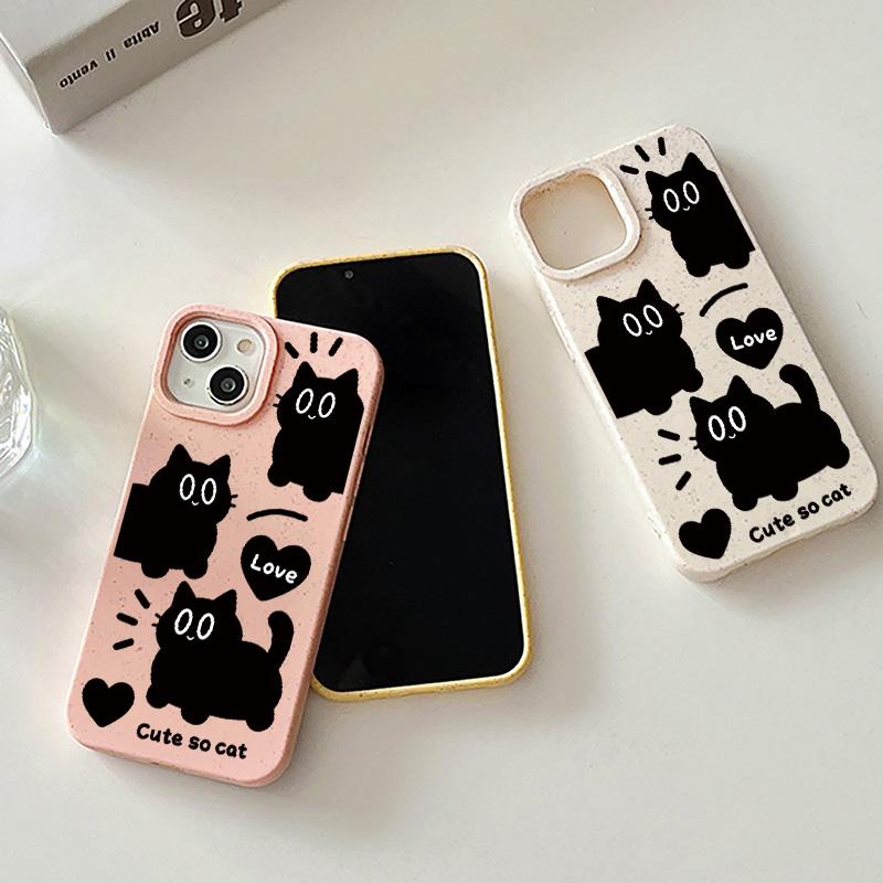 Чехол для телефона с изображением черного кота из мультфильма для iPhone 15, чехол для iPhone 13, 11, 12, 14, 16, Pro Max, XR, XS, 7, 8, Plus, SE, мягкий силиконовый чехол из пшеничной соломы