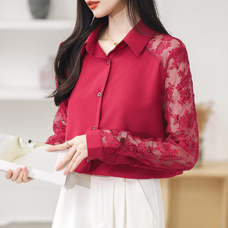 16 цветная кружевная шифоновая рубашка в стиле пэчворк, женская блузка, модный алый топ с длинными рукавами, тонкая рубашка для работы и вечеринки, однотонная