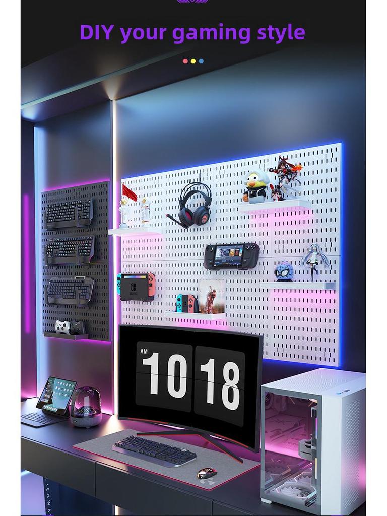Perforated Wall Shelf for Gaming Room - Hook & Decor Storage Solution (Punch-Free Installation)