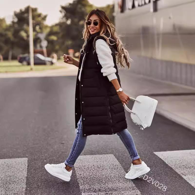 «2021 г. Однотонный однобортный жилет средней длины из хлопка с капюшоном в европейском и американском стиле»