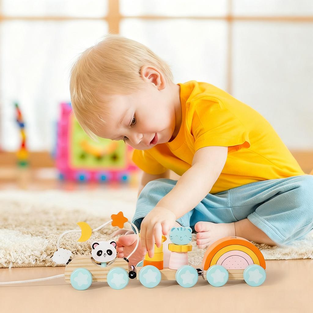 Animal Three-section Pull Train Early Childhood Education Stacking Game Ring Column Matching Hand-eye Coordination Educational Toy