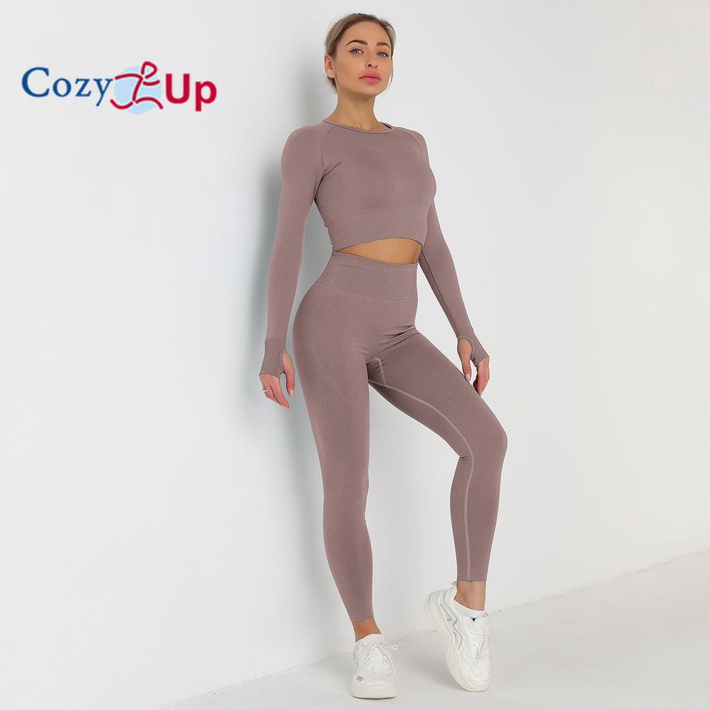 Cozy Up Тренировочные комплекты для женщин из 2 предметов для занятий йогой, бесшовные ребристые леггинсы с топами с длинными рукавами