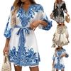 Women's Fashion Printed V-Neck Seven Sleeve Tie Waist Dresses