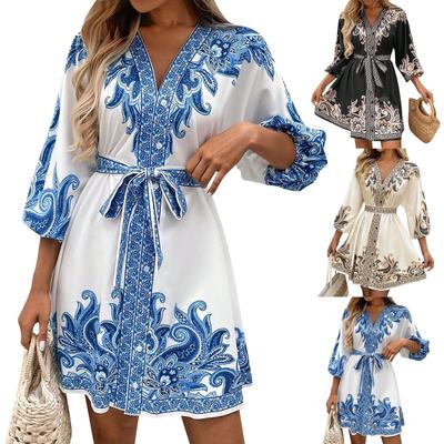 Женские модные платья с принтом, V-образным вырезом, рукавами семь восьмых и завязкой на талии