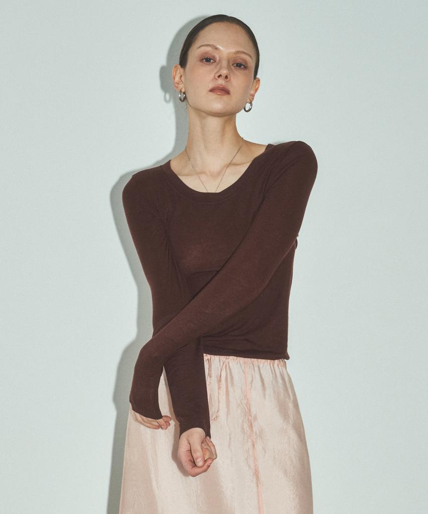 CITTA Wool Blend Tencel U-Neck Long Sleeve Tee_Ctt356 (Brown)