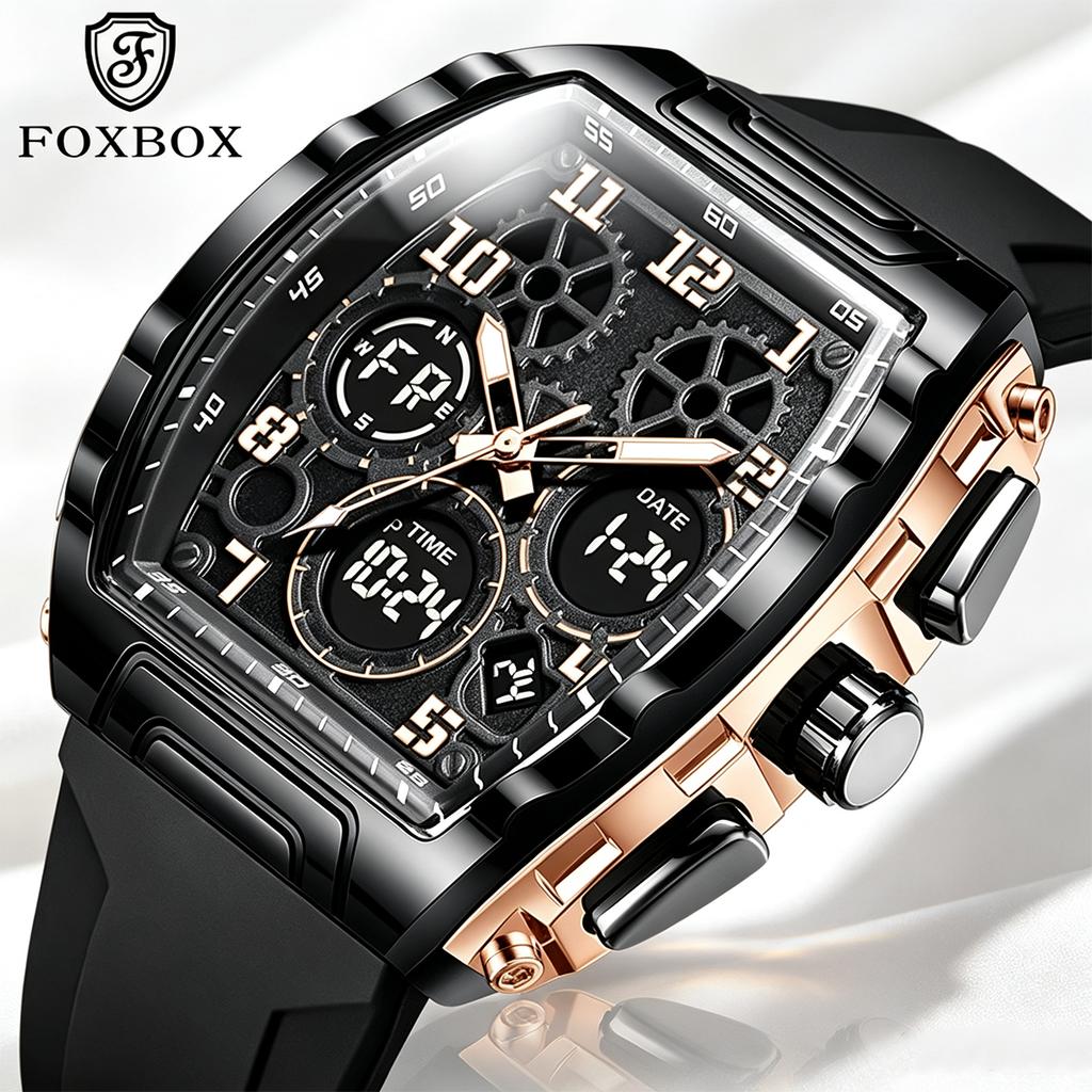 FOXBOX Top Brand Luxury Watches Men Dual Display Military Watch Luminous Waterproof Clock Business Casual Quartz Mens Wristwatch
