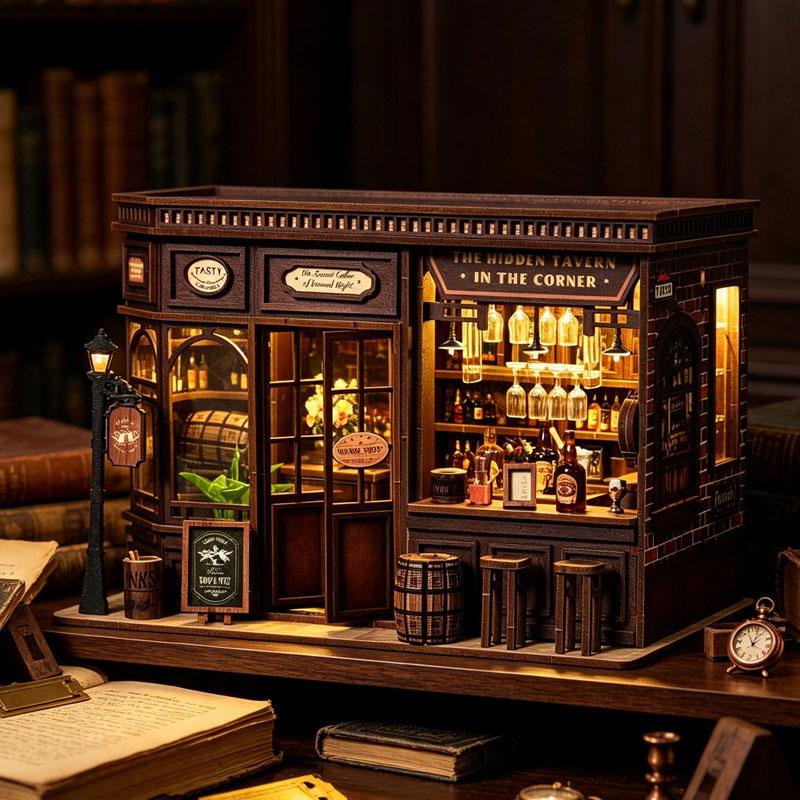 3D Wooden Puzzle Book Nook DIY Mini Magic Library House Kit Handmade Bookshelf Decor Bookend Building Set for Xmas Birthday Gift