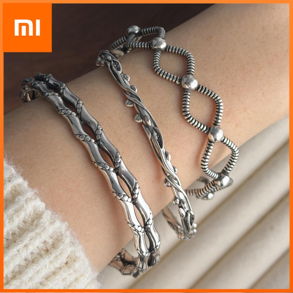Xiaomi 100% Solid 925 Sterling Silver Metal Bracelet for Women Vintage Handmade Simple Retro Bar Bracelet Birthday Gift Party