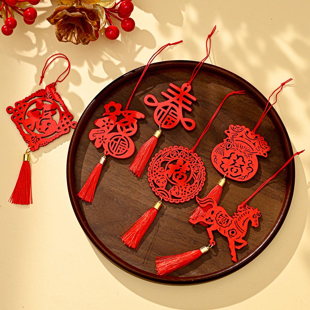 Year of the Horse Spring Festival Wooden Plant Tag with Green Plant and Fu Tassel Pendant