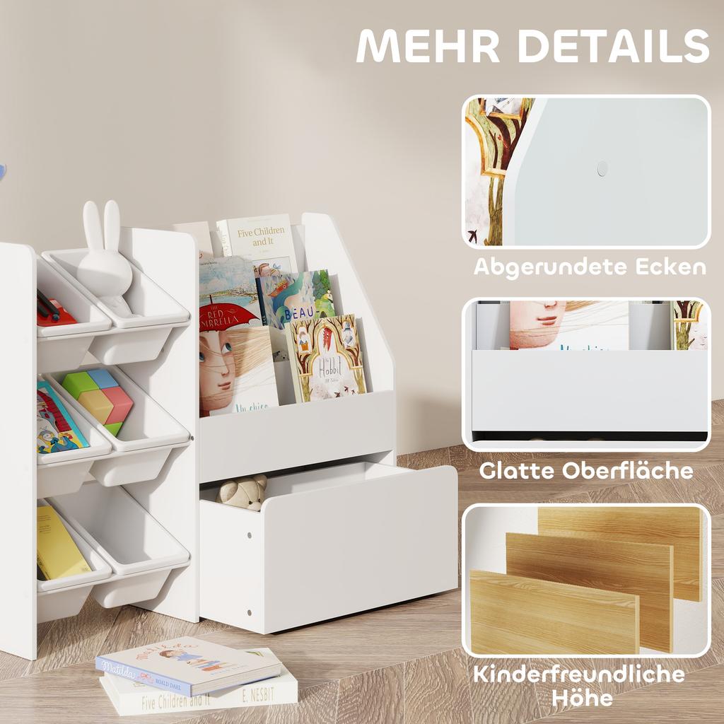 Toy Shelf, Children's Room Shelf with 6 Bins, Book Storage, Rolling Box, 100 x 30 x 80 cm, MDF, Steel, White