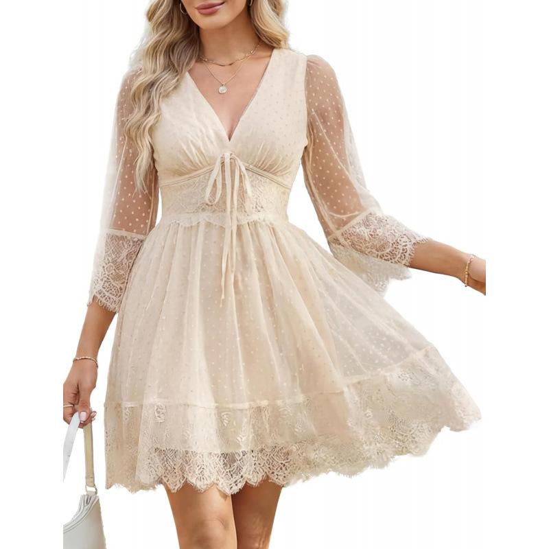 2026 summer lace premium temperament loose lazy splicing deep V-neck pleated dress