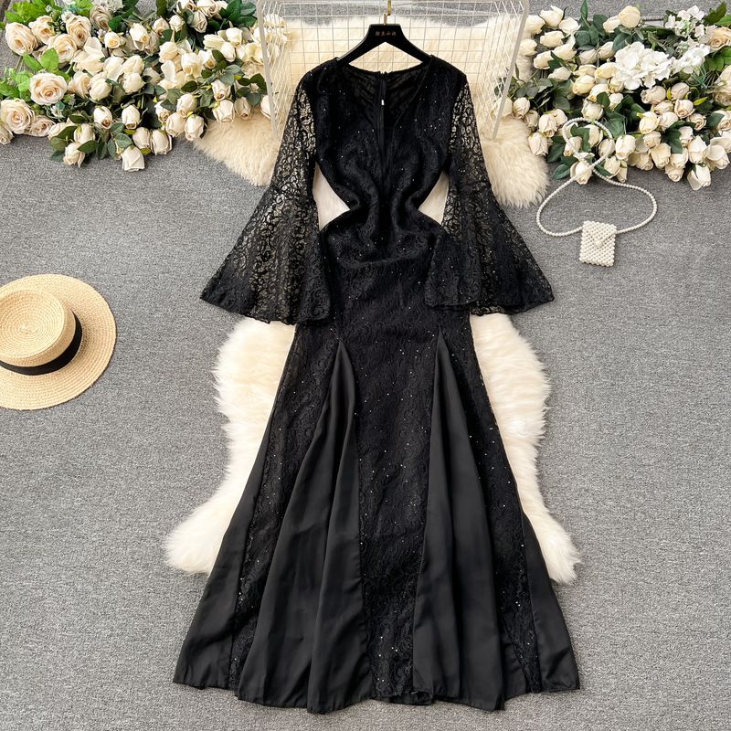 Accessible Luxury Lace Dress Niche Style Bell Sleeve Sequin