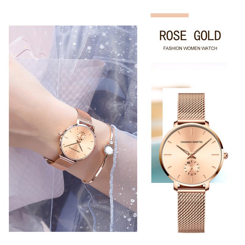 Hannah Martin Small Seconds Dial Quartz Movement Fashion Watch Waterproof Simple Women Gold Mesh Belt Top Brand Ladies Watches