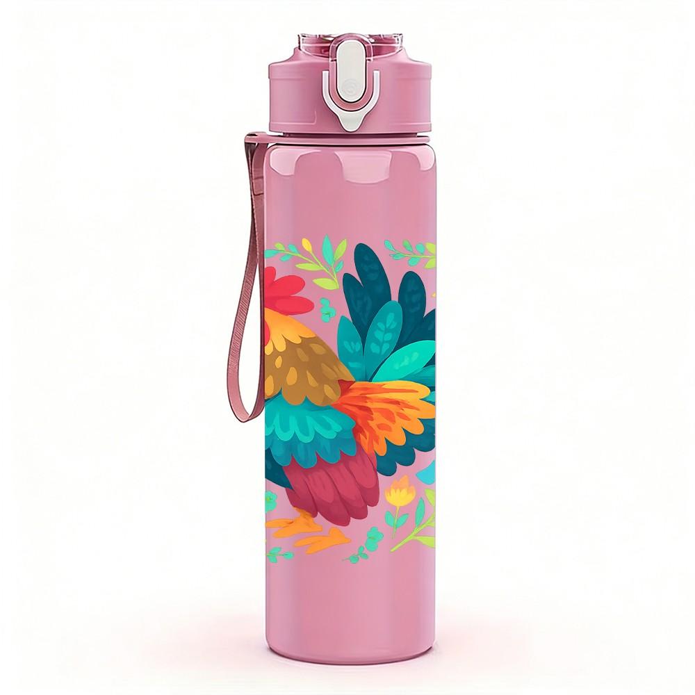 1PC Colorful Rooster Art 750ml Color Plastic Sports Water Bottle Leakproof Flip Straw Lid Suitable for Sports Office Home Use