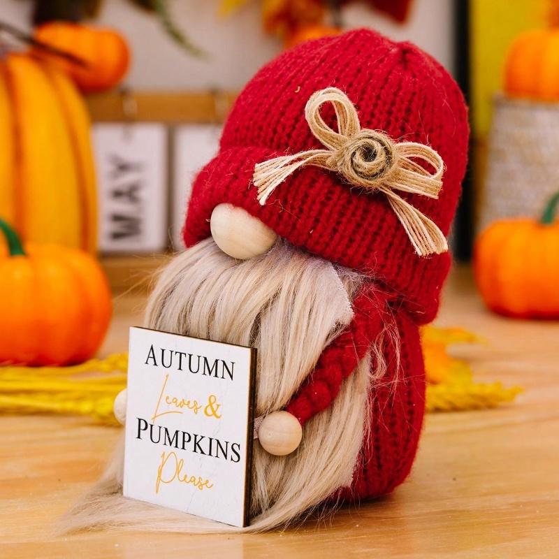 Autumn Bow Knitted Hat, Wooden Plaque, Faceless Doll, Festival Decoration Doll, 1 Piece