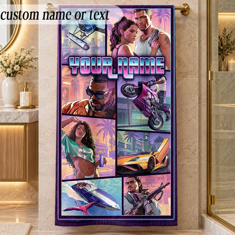 Beach TowelGTA Custom Name Text Personalized Soft Towel for Beach Pool Indoor Home Decor Gift