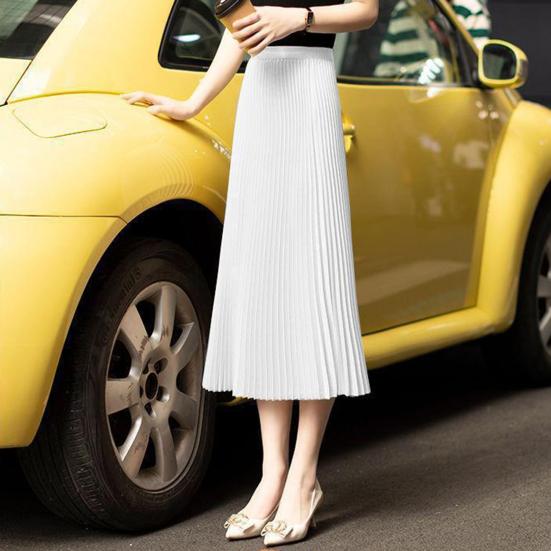 Women Pleated Midi Skirt Elastic High Waist Solid Color Smooth Outline Skirt Slimming Midi Skirt Daily Wear