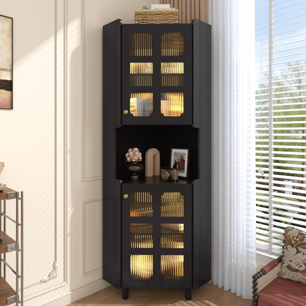 Black Corner Cabinet with Lacquer Coating & LED Lighting – Multifunctional Corner Chest of Drawers for Living Room, Bathroom, Bedroom, Dining Room