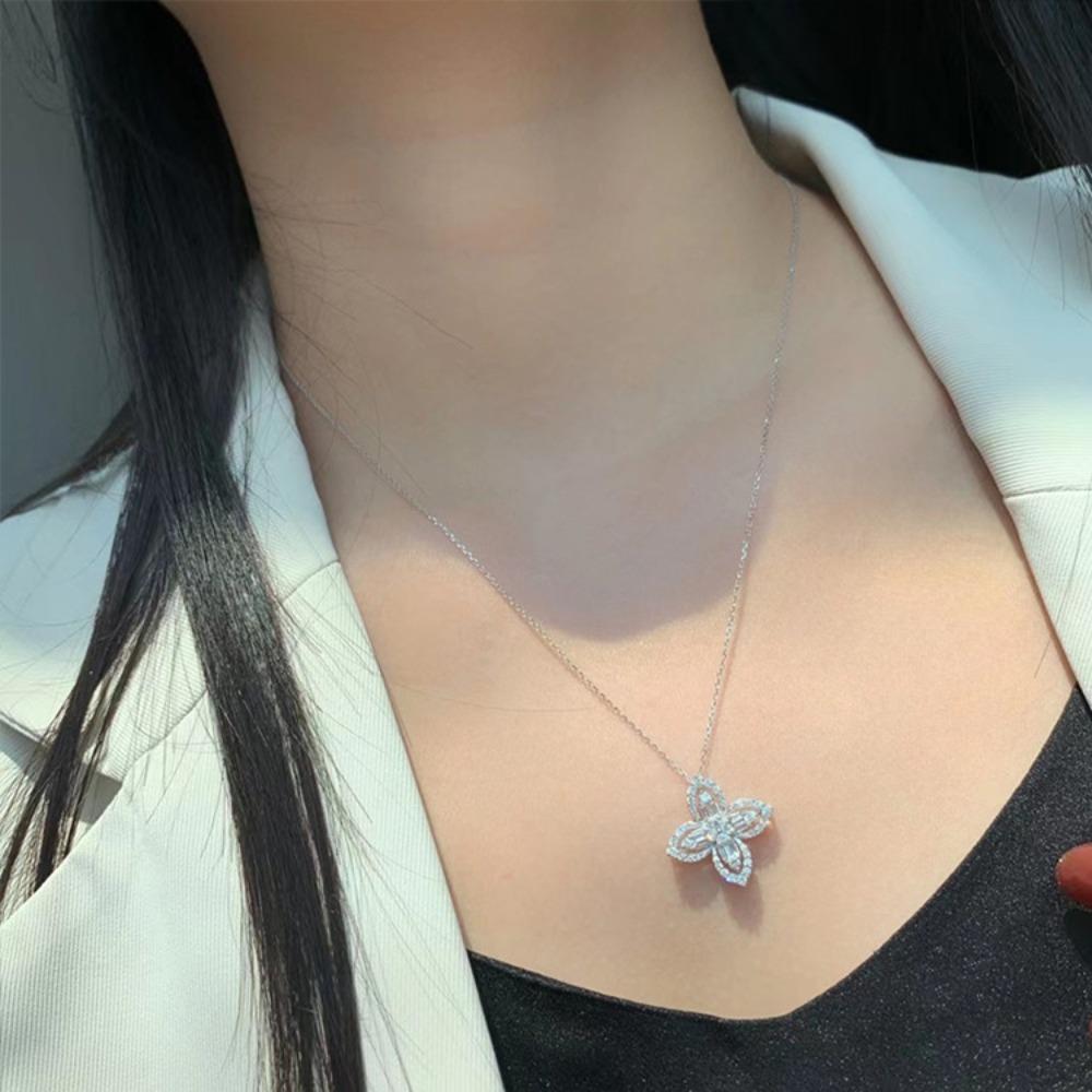 Women Jewelry Set Four Leaf Clover Necklace Diamond Ring Minimalist Stud Earrings