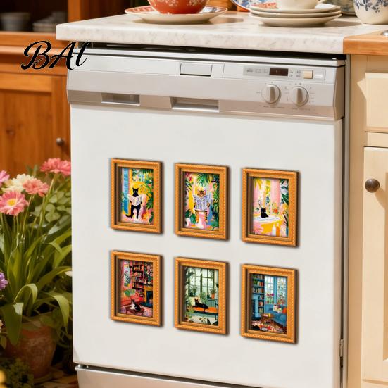 Decorative Frames for Office Whiteboards Cute Cat Magnetic Fridge Magnet, Vintage Wooden Picture Frame, Fun Photo Display Small Pictures Scene