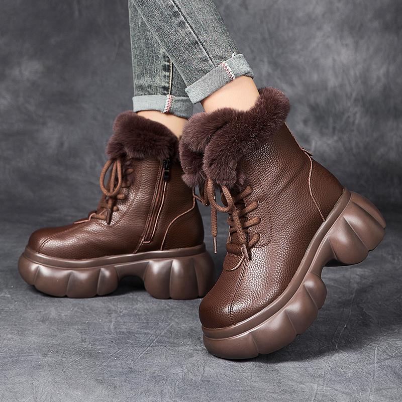 GKTINOO Genuine Leather Short Boots for Women Winter Wedges Warm Snow Boots Platform Shoes Thick Sole Rabbit Fur Woman Boots