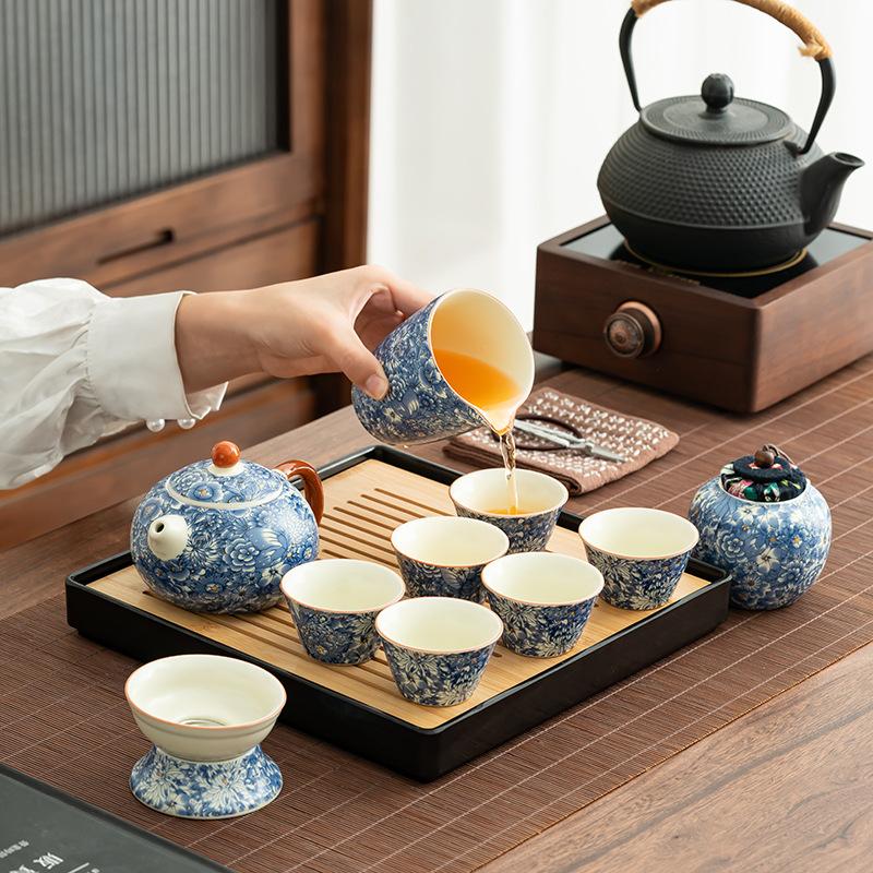 Light Luxury Flower Huang Ru Tea Set, Household Ceramic Opening Film Can Raise Retro Tea Tray, the Whole Set of Kung Fu Tea