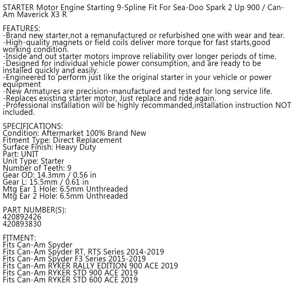 НОВЫЙ стартер для SeaDoo Spark 2 Up / 3 Up 900 Rotax ACE 14-19 420893830 420892426