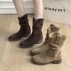 Fashion Comemore Women's Boots Chunky Heel Stacked Mid Calf Boots Women Autumn Shoes Casual Solid Suede Western Cowboy Bota Feminina