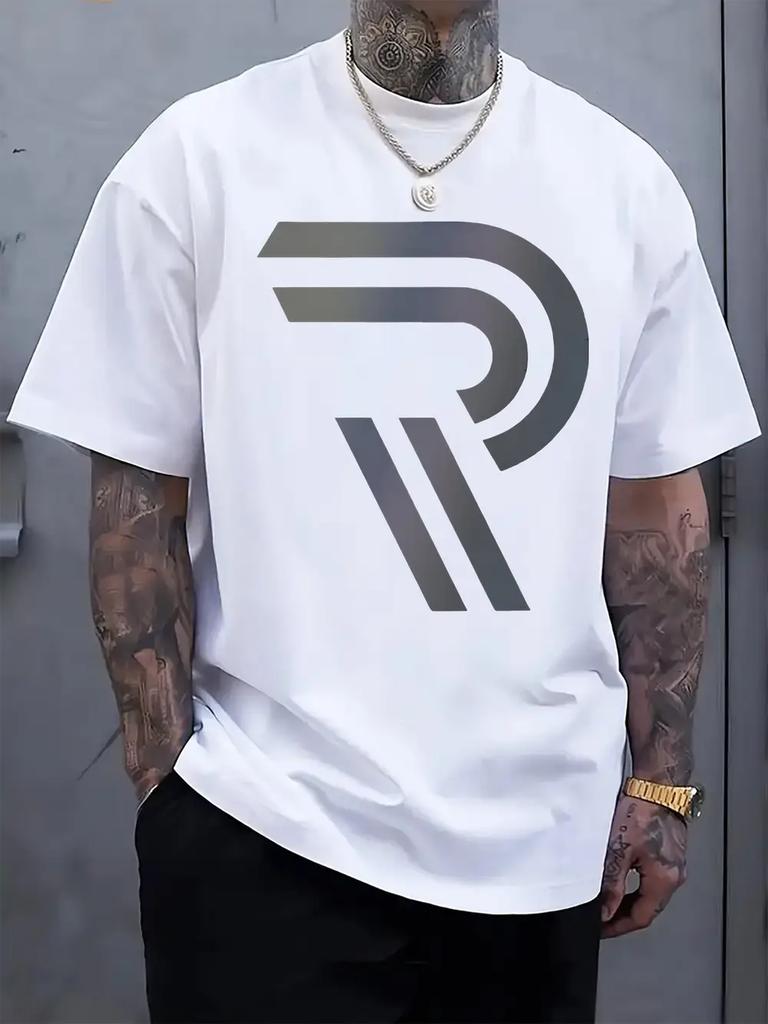 Gradient Letter "R" Graphic Print T-shirt - Regular Fit Casual Short Sleeve Round Neck Summer Tee