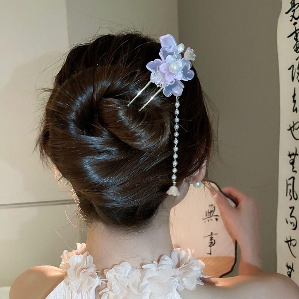 Exquisite Flowers Pearl Tassel Hairpin Fashion Flower Headdress Ancient Style Hair Stick  Hanfu