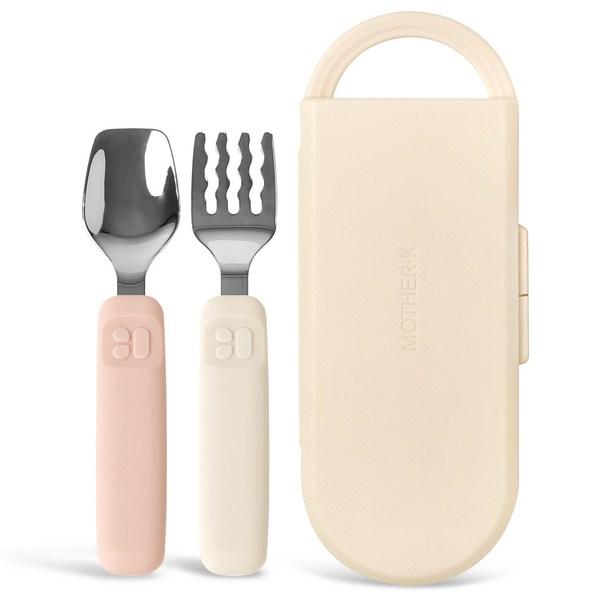 Mother K Silicone Spoon + Fork + Case Set, Pink (spoon), Ivory (fork), 1 Set